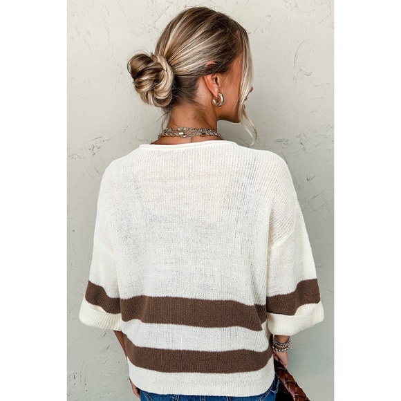 Brown Striped V Neck Cropped Sweater T Shirt - Picture 2 of 4